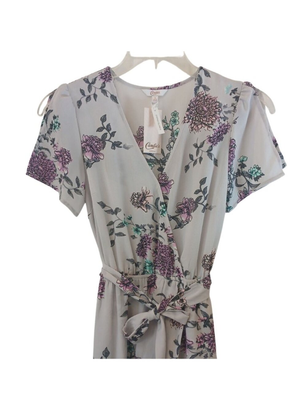 Candies Floral Maxi Romper Sz S Dress Purple V-Neck Belted Flutter Sleeves #H34 - Picture 6 of 13
